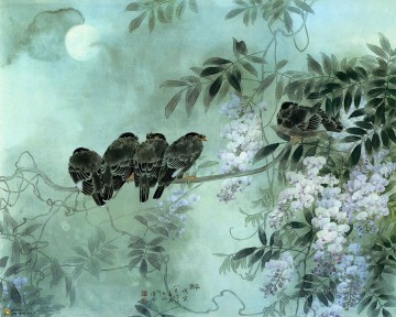  chinese art painting - Chinese birds flowers under moon